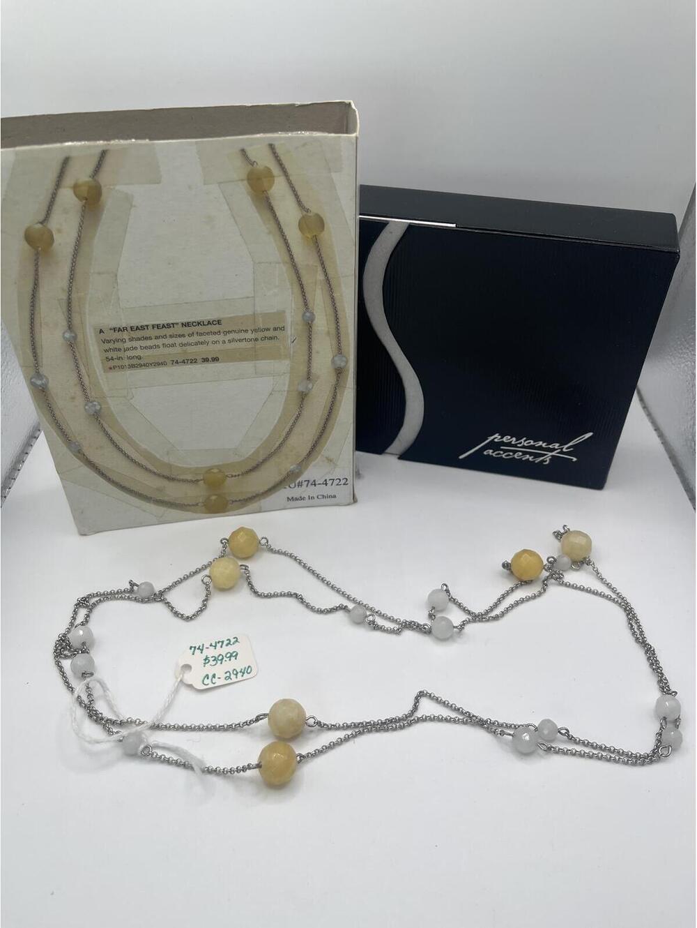 Jade Beaded Silvertone Chain Necklace 54 inch long "Far East Feast" New Boutique